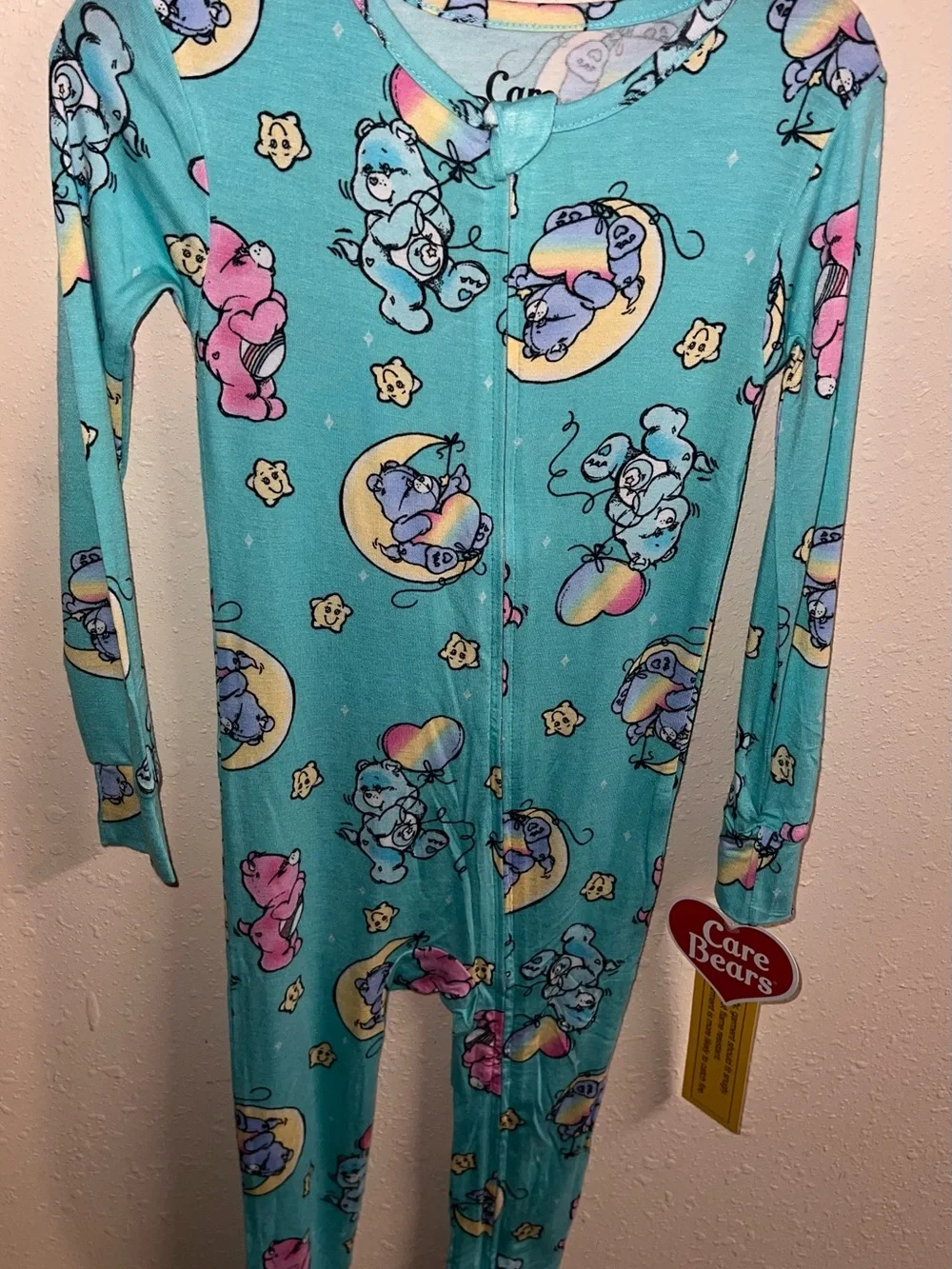 Care Bears Turquoise One-Piece Footie Pajama with Rainbow Print
